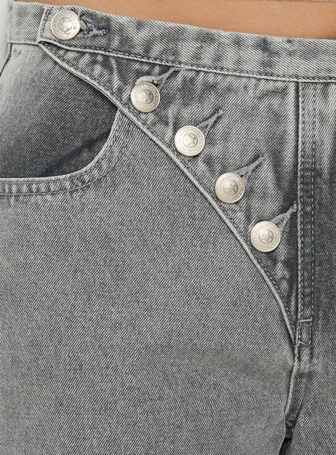 Featuring Pipper Asymmetrical Button Up Jeans Grey Wash womens-jeans with high-rise Princess Polly