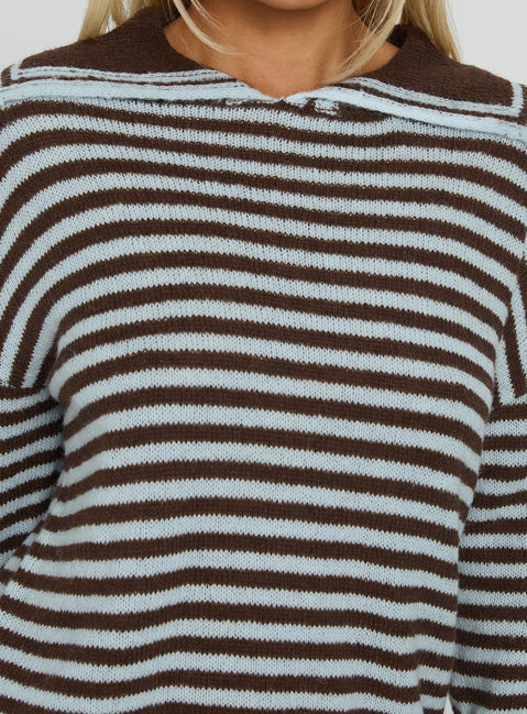 back view of model wearing Princess Polly Moon Went Dark Collared Knit Sweater Stripe Jumpers 