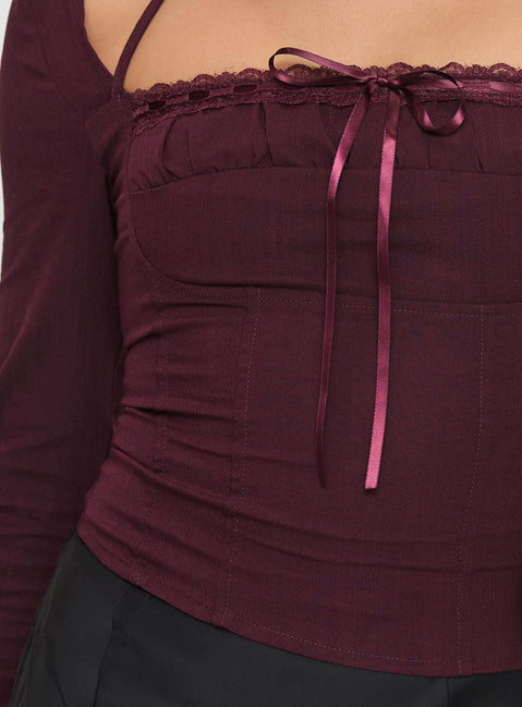product Princess Polly Trynia Long Sleeve Top Burgundy Full Sleeves Square Neck 