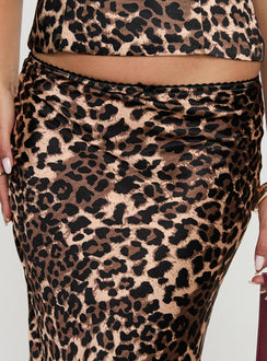 back view of model wearing Princess Polly Enigmatic Maxi Skirt Leopard Maxi Skirts Skirts 