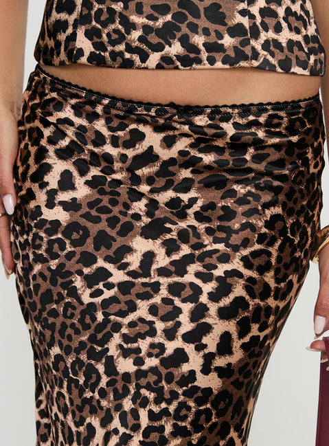 back view of model wearing Princess Polly Enigmatic Maxi Skirt Leopard Maxi Skirts Skirts 