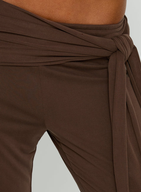 back view of model wearing Princess Polly Katiana Wrap Jersey Pants Brown Mid Rise Pants Pants 
