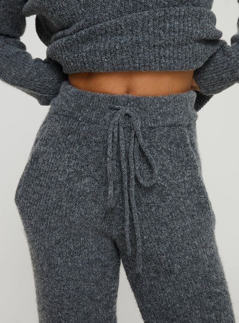 front view of model wearing Princess Polly Abrams Rib Knit Pants Charcoal Marle High Rise Pants Pants 
