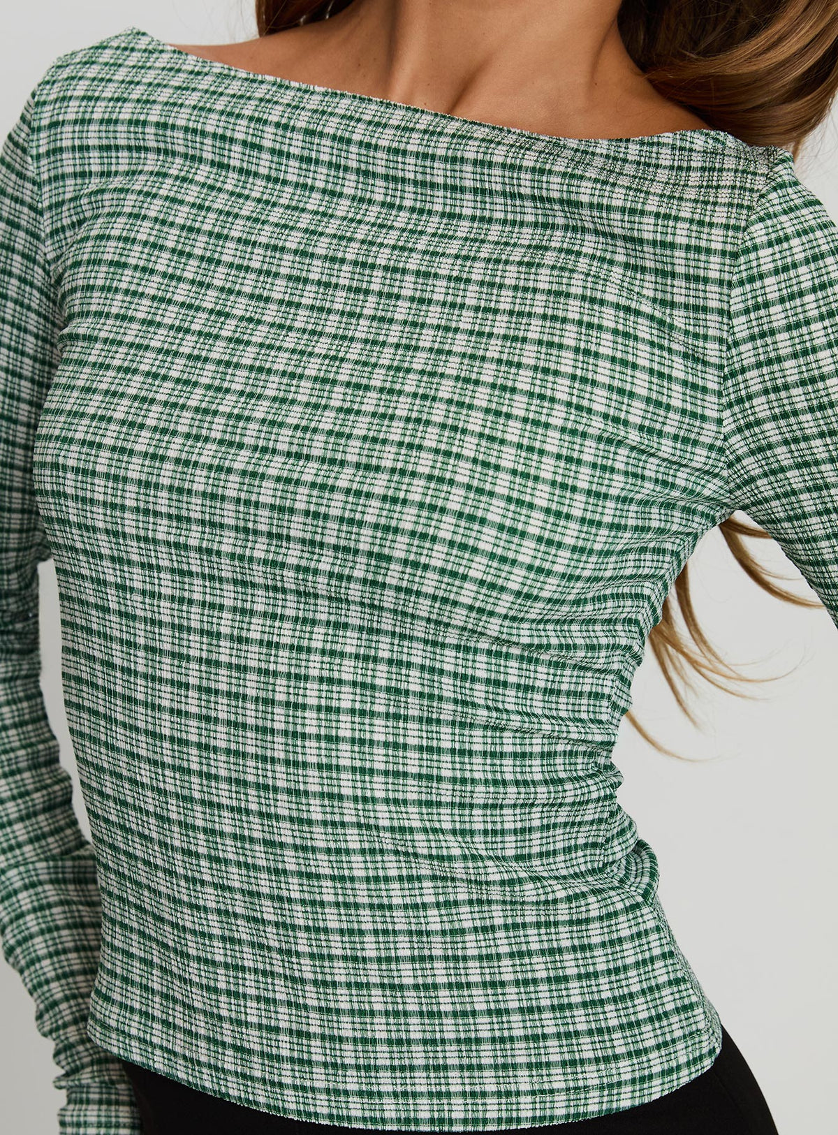 back view of model wearing Princess Polly Every Second Boat Neck Long Sleeve Top Green Check Full Sleeves Boat Neck 