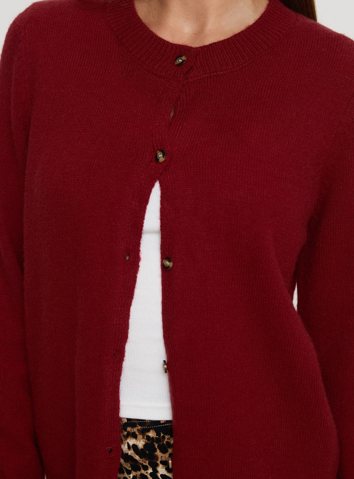 back view of model wearing Princess Polly Arica Button Up Knit Cardigan Red Longline Jumpers Jumpers 