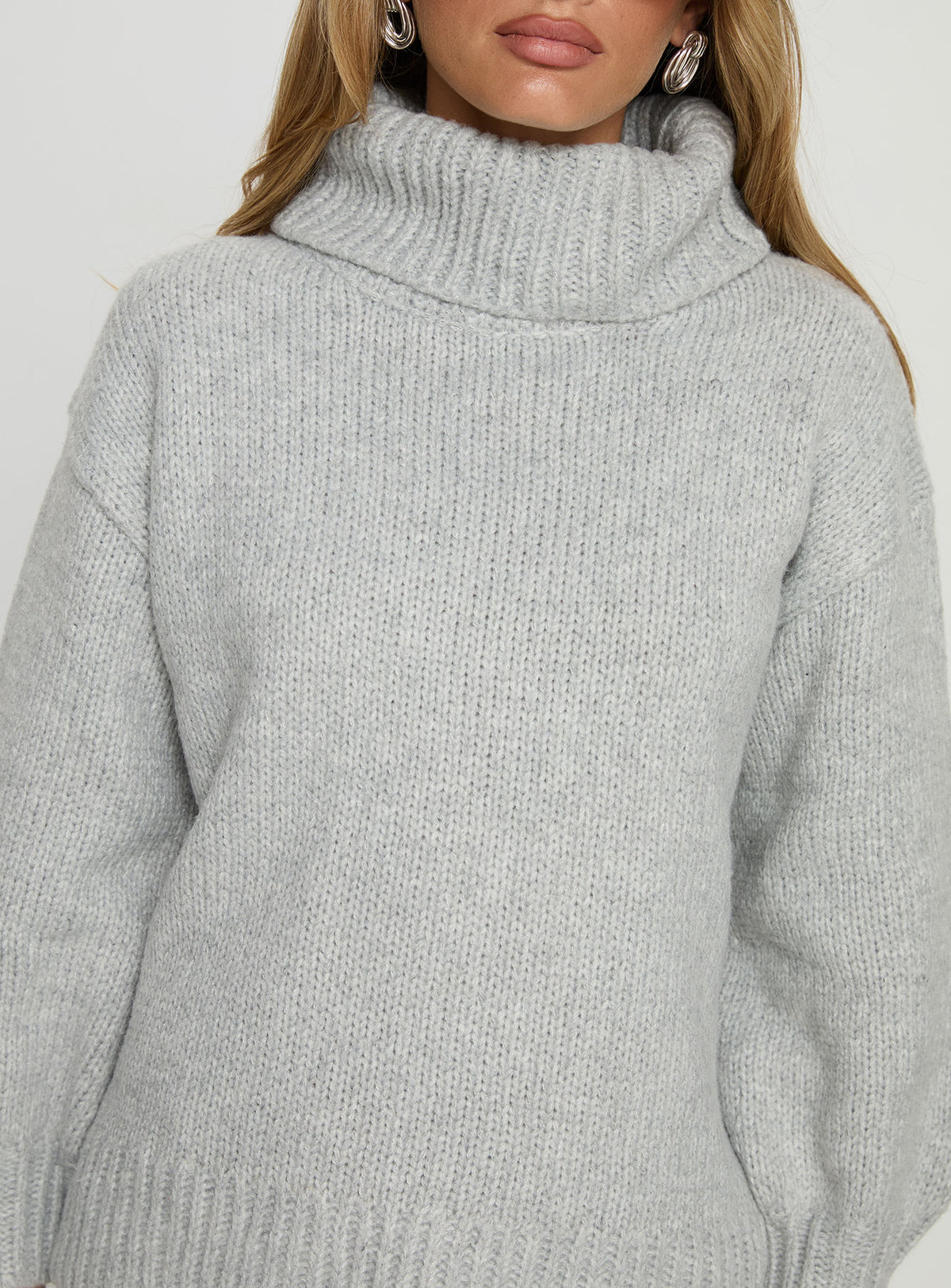back view of model wearing Princess Polly Let Love In Knit Sweater Grey Longline Jumpers Jumpers 