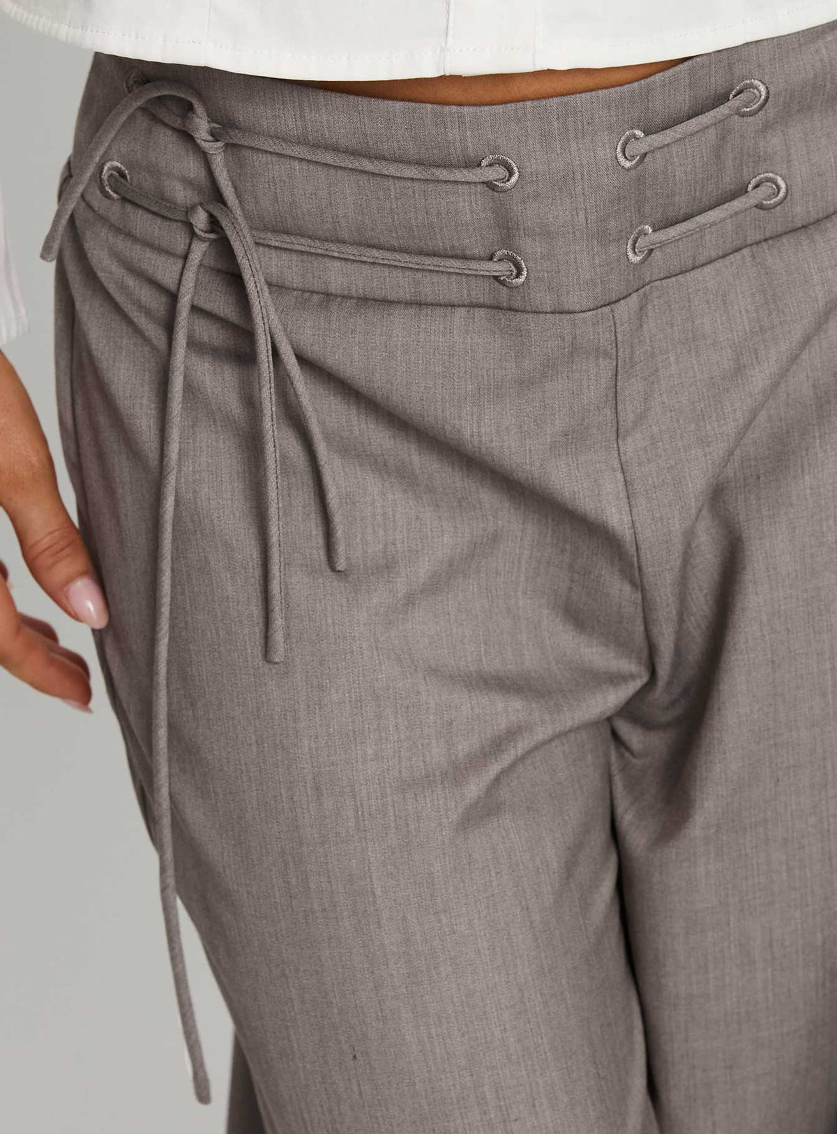 back view of model wearing Princess Polly Just Have Fun Wide Leg Pant Grey Tall High Rise Pants Pants 