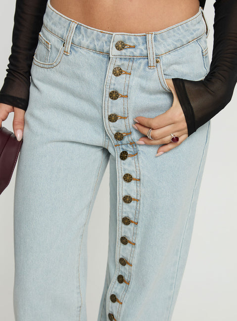 front view of model wearing Princess Polly Penny Mid Rise Straight Leg Jeans Light Denim Low Rise Jeans 