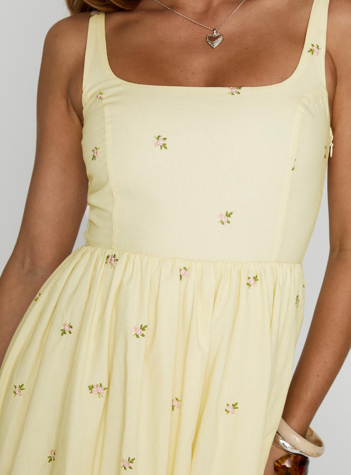 back view of model wearing Princess Polly Cartmel Embroidered Maxi Dress Cream Square Neck 