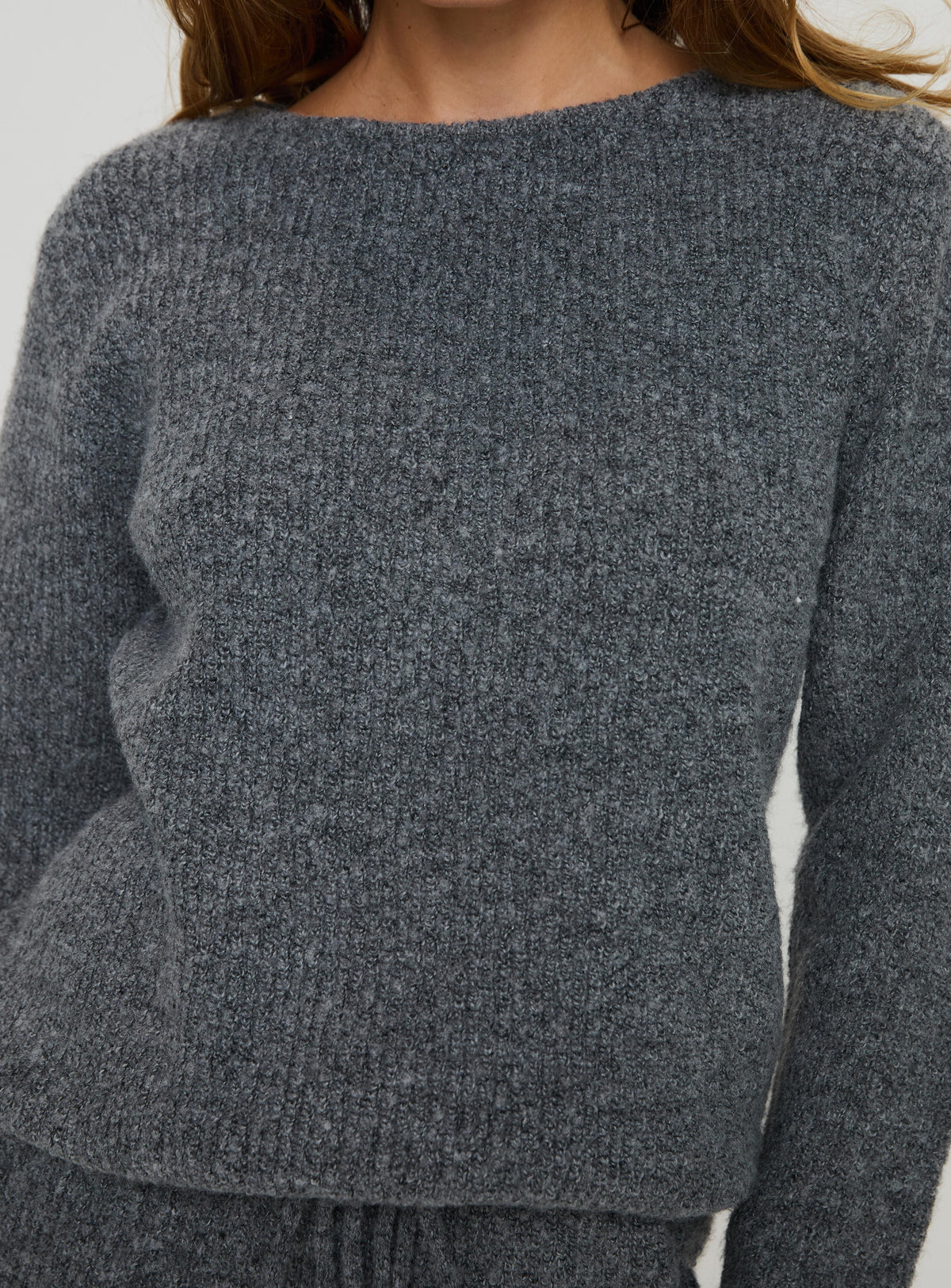 back view of model wearing Princess Polly Abrams Rib Knit Crew Sweater Charcoal Marle regular Jumpers 