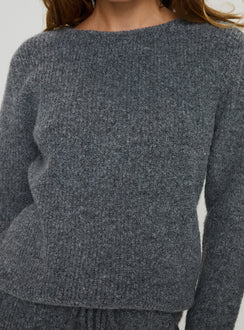 back view of model wearing Princess Polly Abrams Rib Knit Crew Sweater Charcoal Marle regular Jumpers 