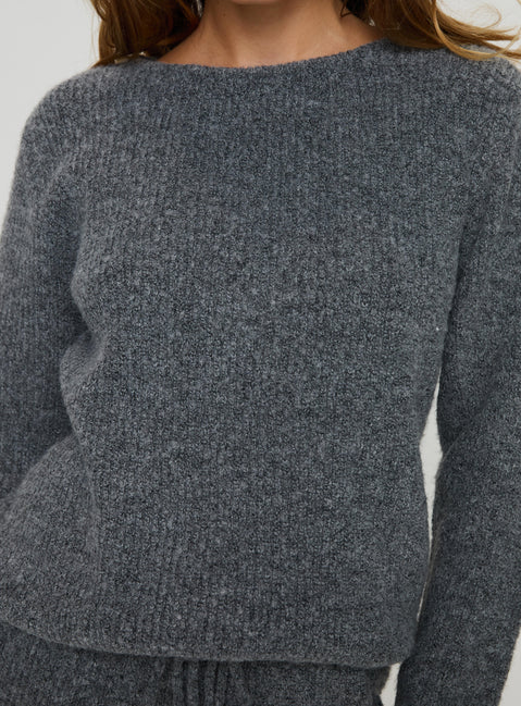 back view of model wearing Princess Polly Abrams Rib Knit Crew Sweater Charcoal Marle regular Jumpers 