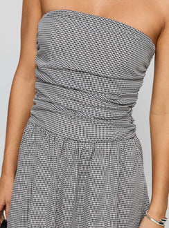 back view of model wearing Princess Polly Arkadia Strapless Maxi Dress Black / White Check Straight Neck 