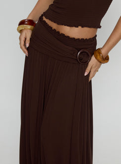back view of model wearing Princess Polly Full Orbit Shirred Maxi Skirt Chocolate Brown Maxi Skirts Skirts 