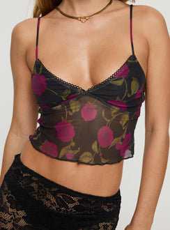 front view of model wearing Princess Polly Raphalee Top Black / Red Floral Sleeveless Plunger 