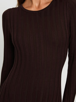 back view of model wearing Princess Polly Vespa Long Sleeve Maxi Dress Brown Crew Neck 