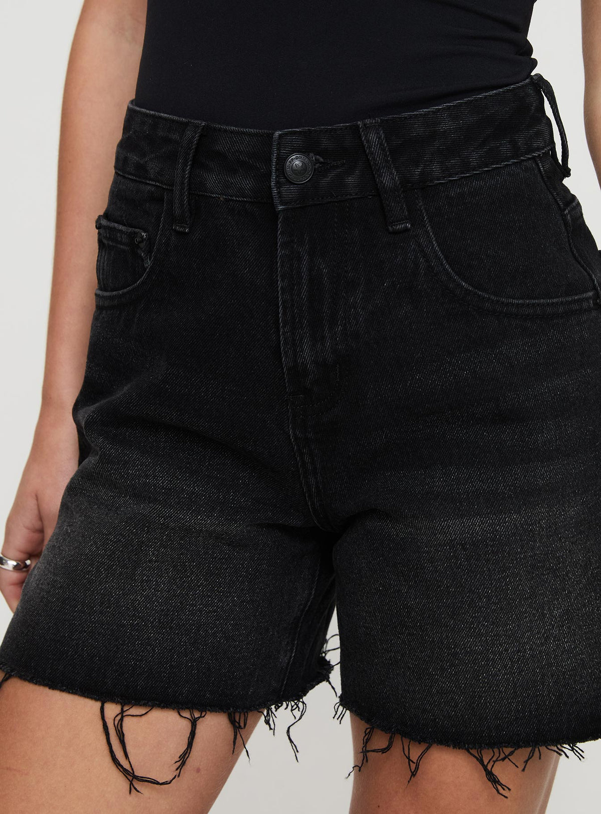 back view of model wearing Princess Polly Hayelle Denim Shorts Washed Black High Waisted Shorts 