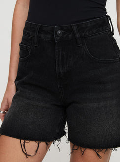 back view of model wearing Princess Polly Hayelle Denim Shorts Washed Black High Waisted Shorts 