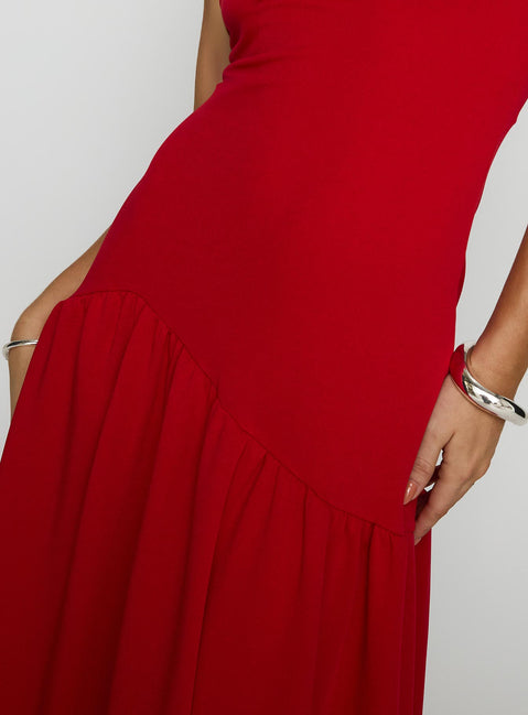 back view of model wearing Princess Polly Move Me Strapless Maxi Dress Red Straight Neck 