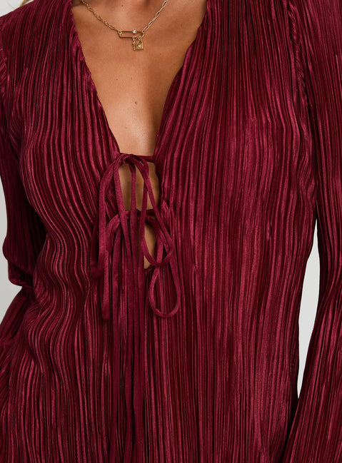 back view of model wearing Princess Polly Malop Long Sleeve Mini Dress Burgundy Plunger 
