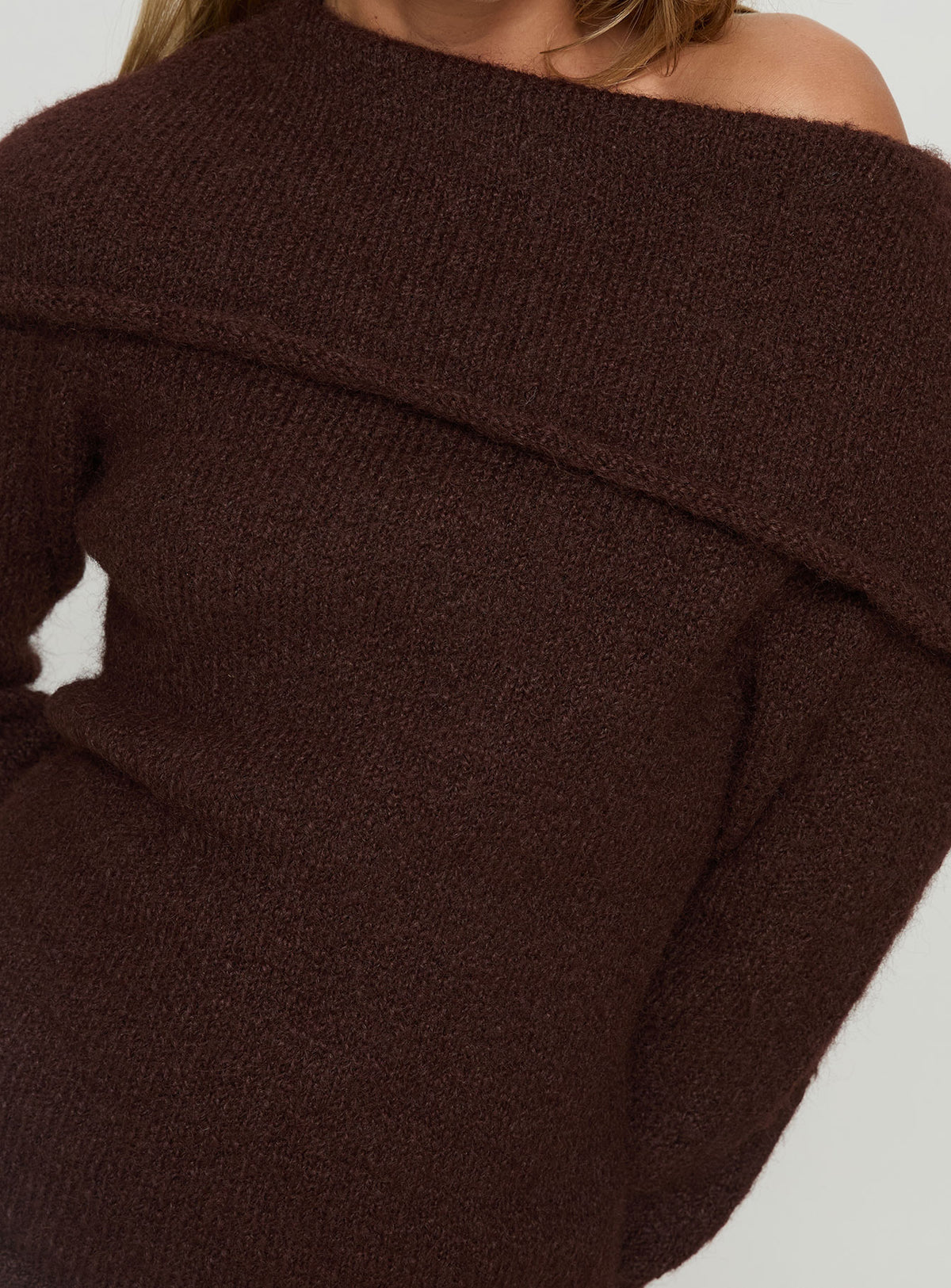 back view of model wearing Princess Polly Kinslea Off Shoulder Knit Sweater Brown regular Jumpers 