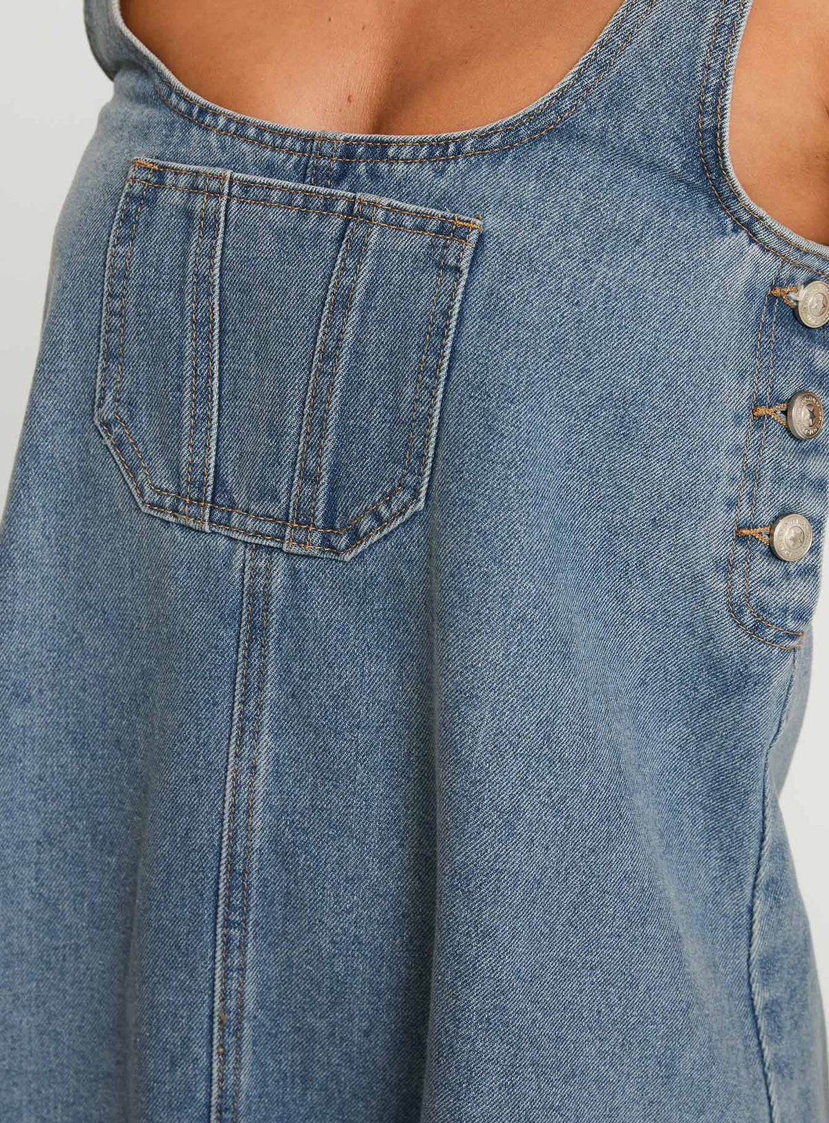 back view of model wearing Princess Polly State Of Mind Mini Dress Blue Denim Scoop Neck 