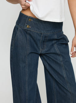 Discover the Nikoletta Foldover Jeans Dark Wash / Check Petite womens-jeans featuring high-rise waist detail Princess Polly