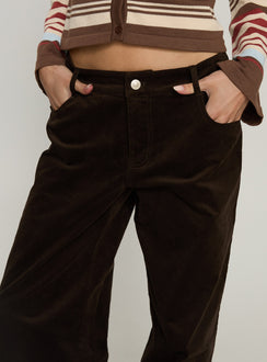front view of model wearing Princess Polly Kenza Wide Leg Corduroy Pant Brown Mid Rise Pants Pants 