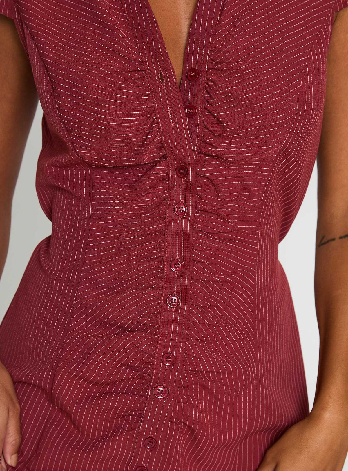 back view of model wearing Princess Polly Arianwyn Mini Dress Burgundy V-Neck 