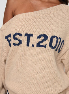 back view of model wearing Princess Polly Jadynn Off Shoulder Knit Sweater Cream Jumpers 