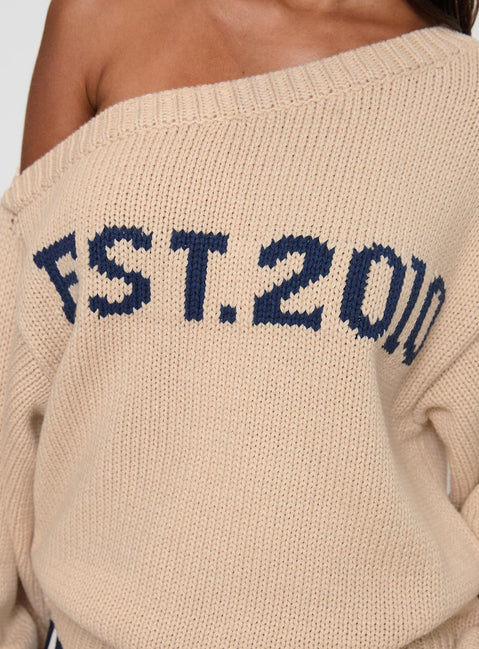 back view of model wearing Princess Polly Jadynn Off Shoulder Knit Sweater Cream Jumpers 