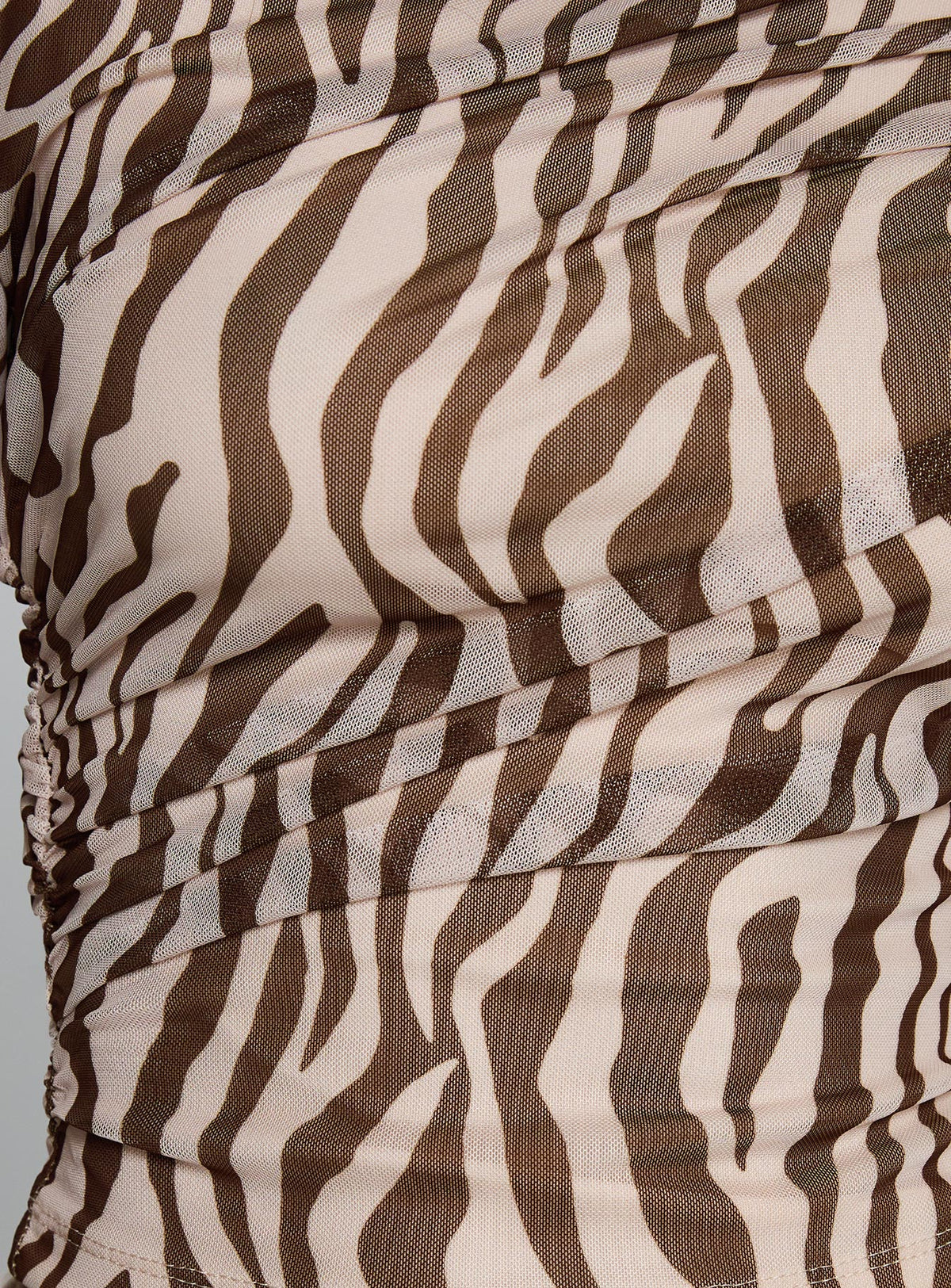 back view of model wearing Princess Polly Isolda Long Sleeve Top Brown Zebra Full Sleeves Boat Neck 