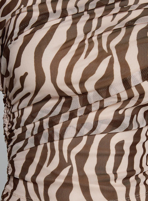 back view of model wearing Princess Polly Isolda Long Sleeve Top Brown Zebra Full Sleeves Boat Neck 