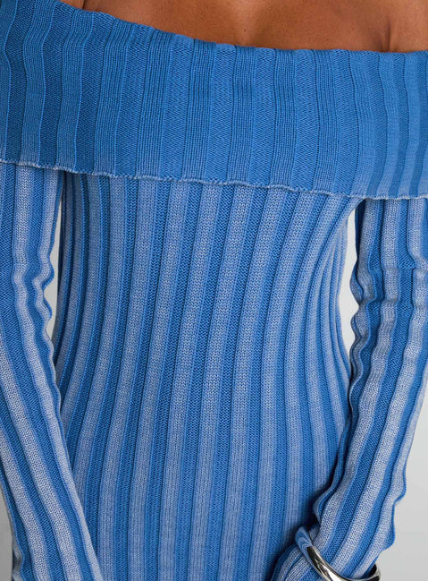 side view of model wearing Princess Polly Mariska Long Sleeve Rib Maxi Dress Blue Straight Neck 