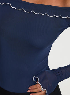 back view of model wearing Princess Polly Arsema Off The Shoulder Bodysuit Navy Long Sleeve Tops Bodysuit 