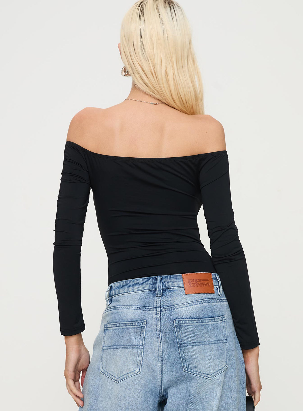 back view of model wearing Princess Polly Bleue Long Sleeve Bodysuit Black Long Sleeve Tops Bodysuit 
