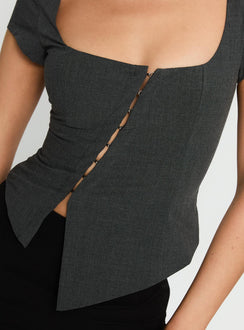 back view of model wearing Princess Polly Memory Bliss Asymmetrical Top Grey Short Sleeves Square Neck 