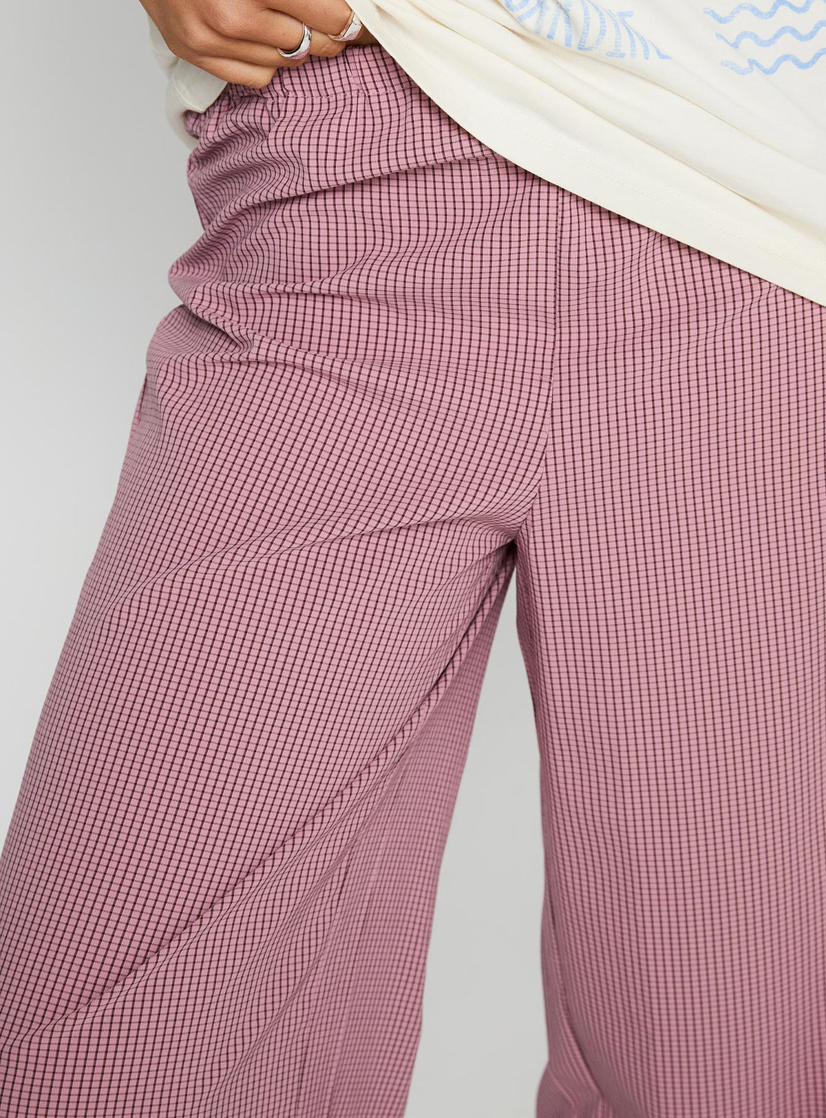 side view of model wearing Princess Polly Jinxie Tie Side Pants Pink Gingham High Rise Pants Pants 