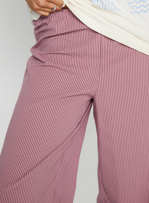 side view of model wearing Princess Polly Jinxie Tie Side Pants Pink Gingham High Rise Pants Pants 