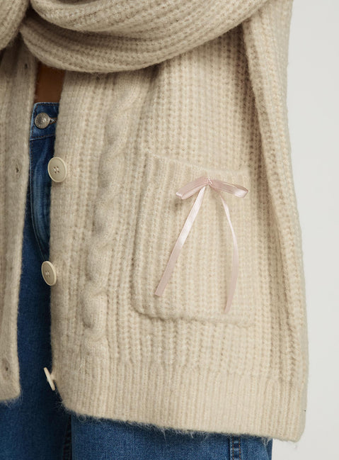 back view of model wearing Princess Polly Cameliah Knit Cardigan Cream Longline Jumpers Jumpers 