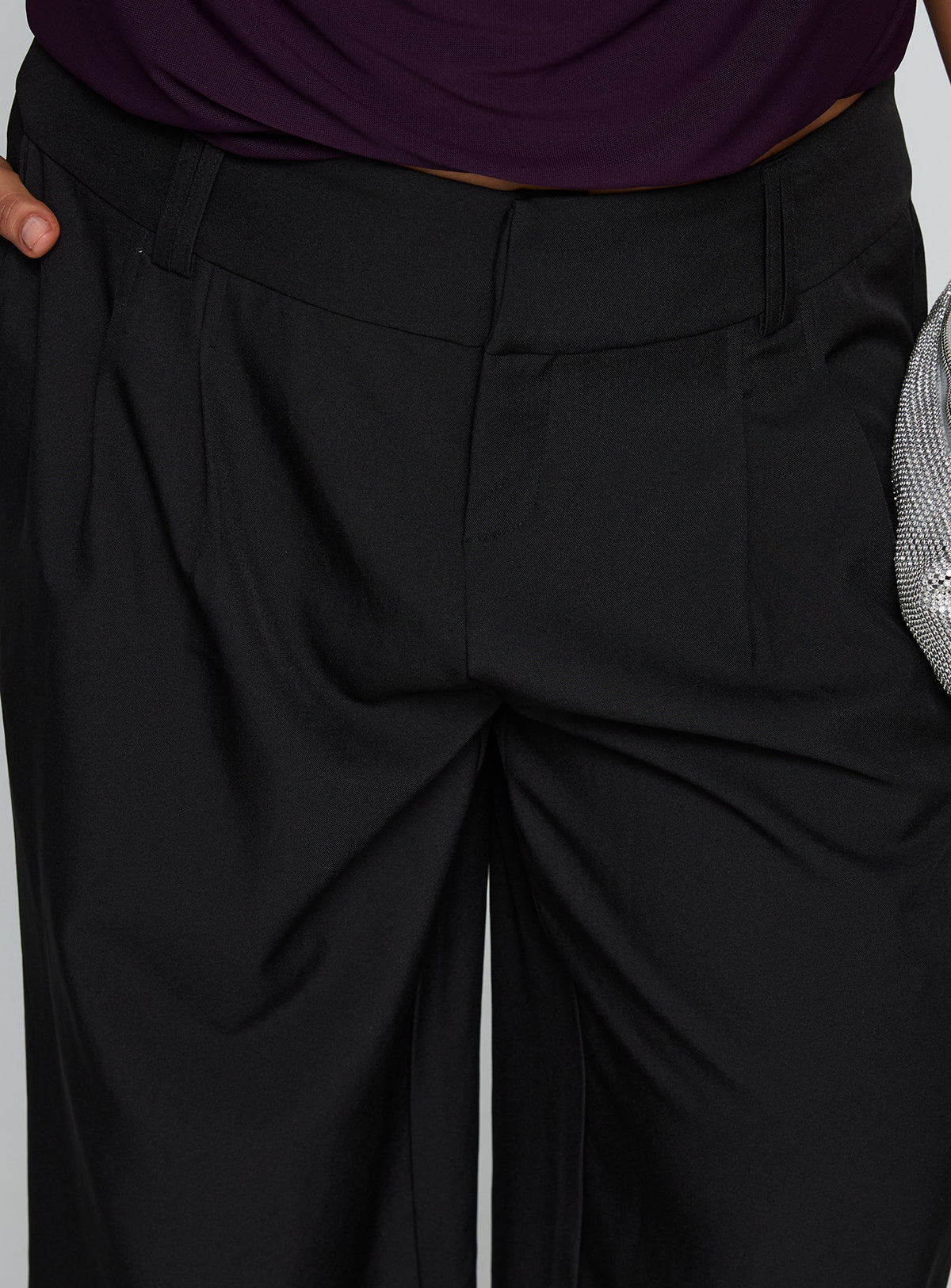 side view of model wearing Princess Polly Two Lovers Low Rise Pants Black Curve Low Rise Pants Pants 