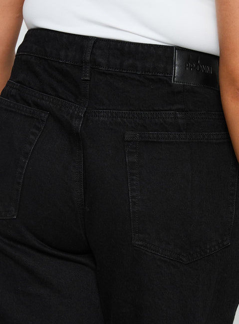 back view of model wearing Princess Polly Goldie High Rise Wide Leg Jeans True Black Curve High Rise Jeans Jeans 