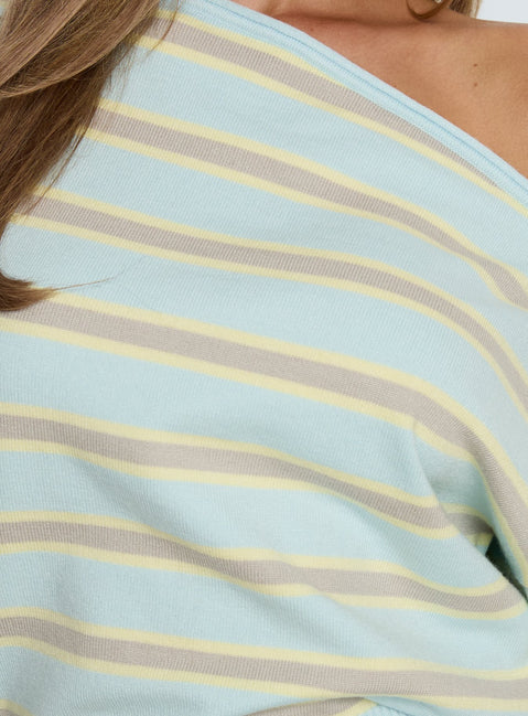 product Princess Polly Zinia Off Shoulder Knit Sweater Grey / Blue Stripe Cropped Jumpers Jumpers 