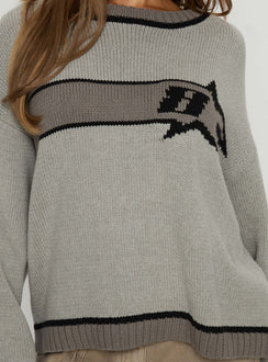 back view of model wearing Princess Polly Star Track Graphic Jumper Grey Longline Jumpers Jumpers 
