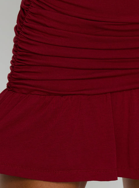 Haylo Off Shoulder Drape Mini Dress Burgundy
