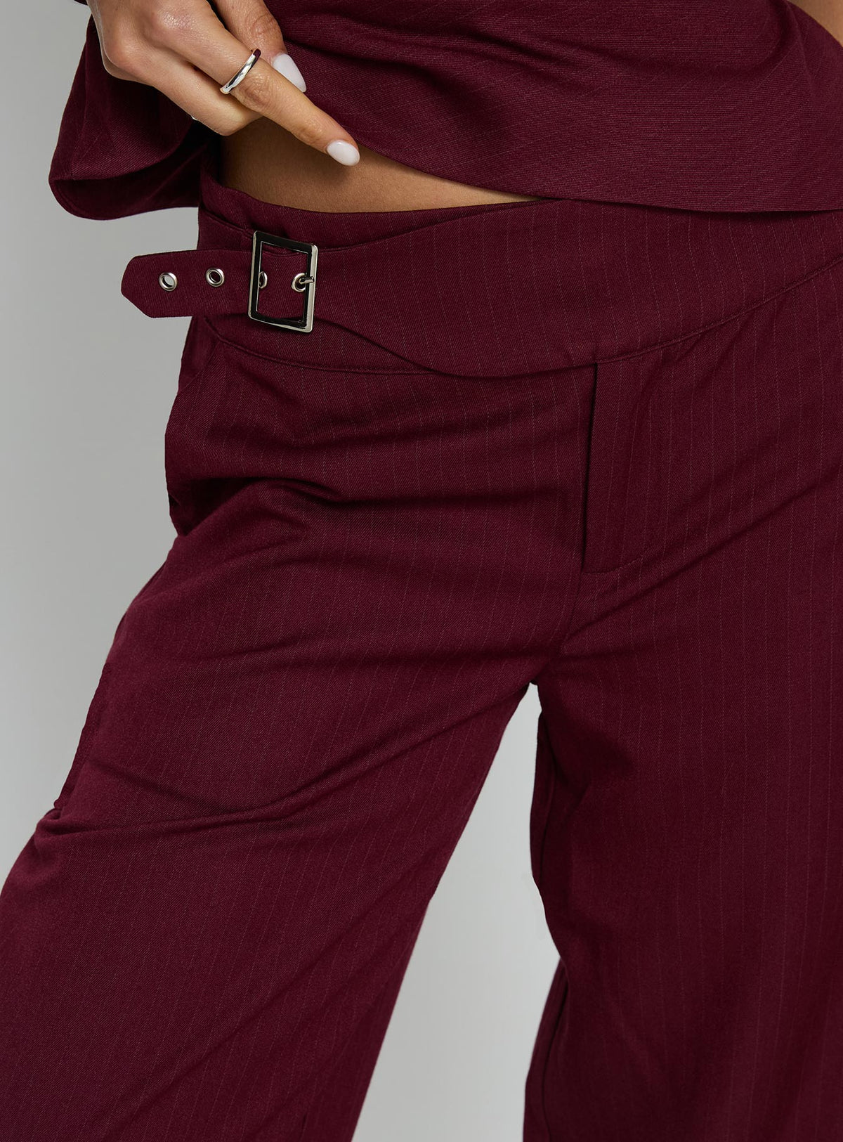 back view of model wearing Princess Polly Jinny Relaxed Buckle Tailored Pants Berry Pinstripe Low Rise Pants Pants 