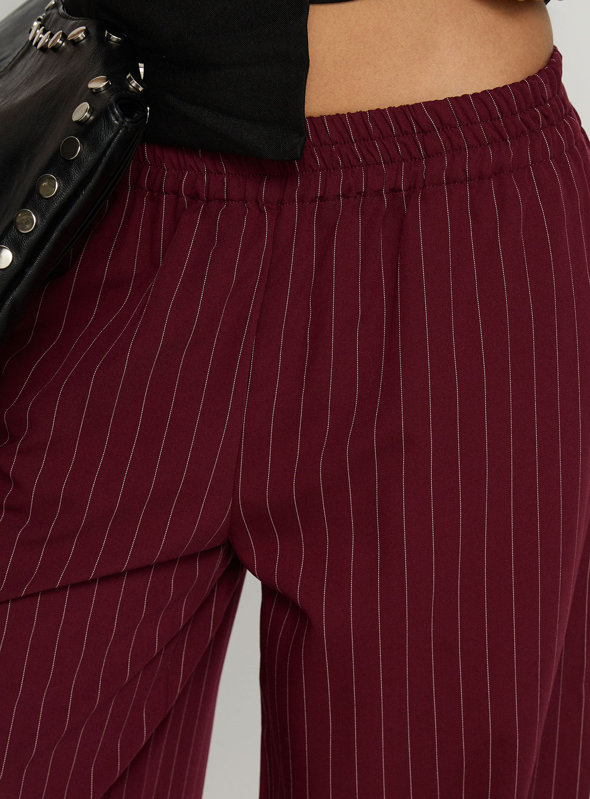 back view of model wearing Princess Polly Jaysa Baggy Wide Leg Pant Burgundy Pinstripe Mid Rise Pants Pants 