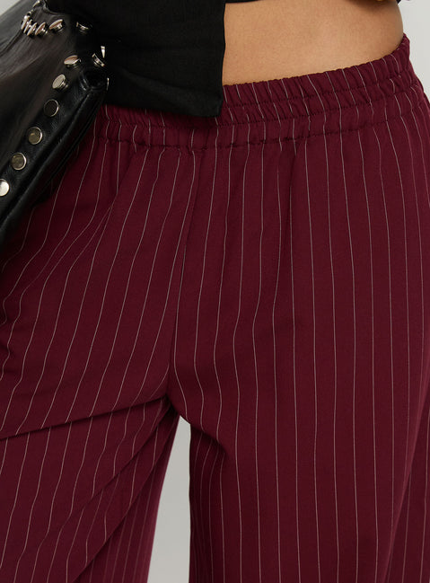 back view of model wearing Princess Polly Jaysa Baggy Wide Leg Pant Burgundy Pinstripe Mid Rise Pants Pants 