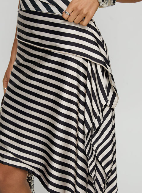   side view of model wearing Princess Polly Allure Midi Skirt Noir Stripe Midi Skirts Skirts 