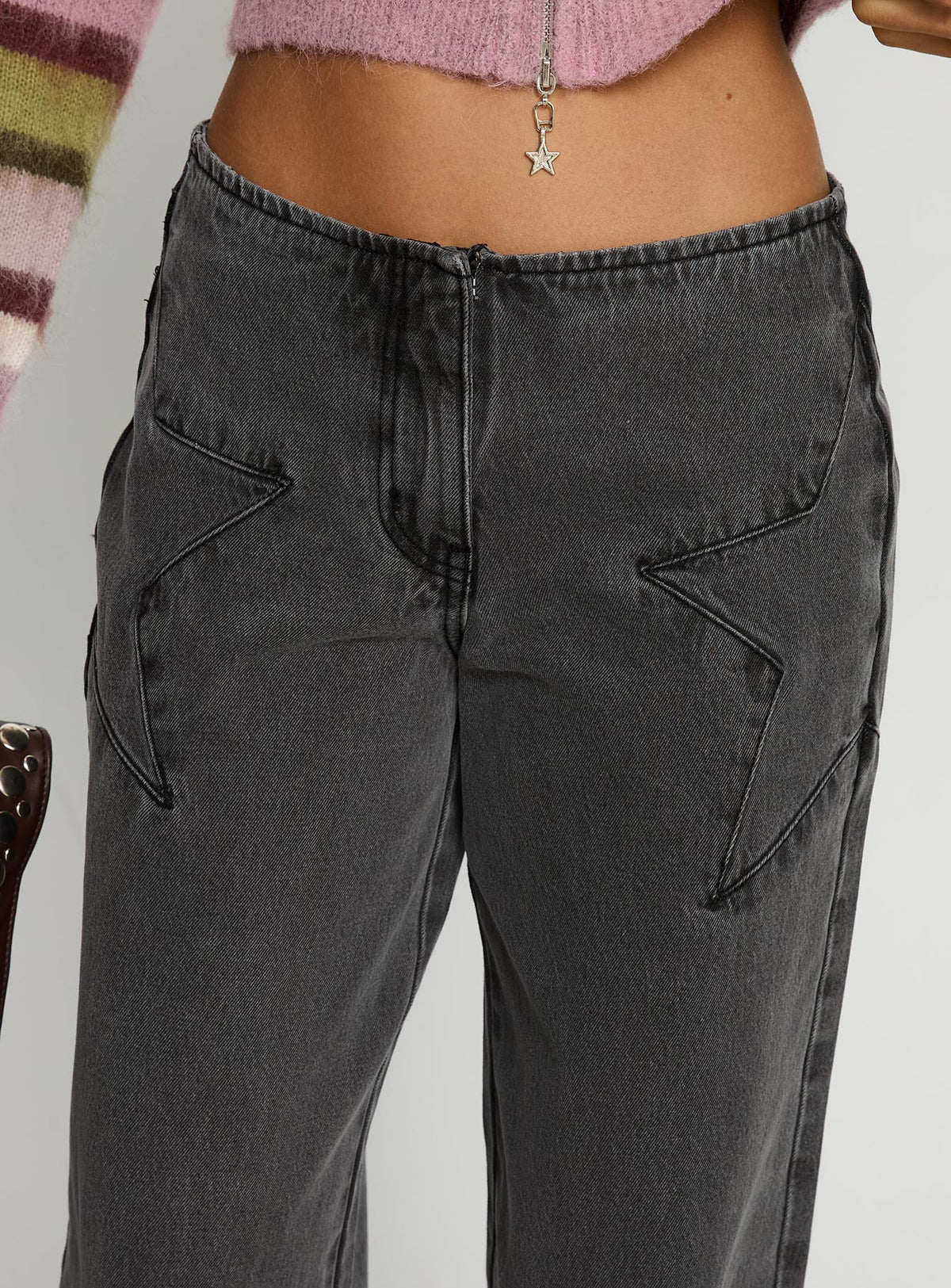 back view of model wearing Princess Polly Dolley Star Stitch Mid Rise Wide Leg Jean Grey Wash Mid Rise Jeans Jeans 